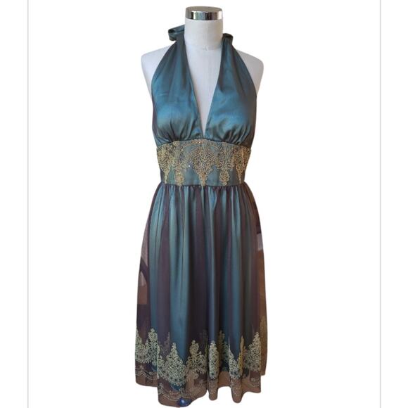 Adrianna Papell Boutique Sheer Embellished Halter Dress Size 8 Green Whimsigoth - Picture 1 of 12